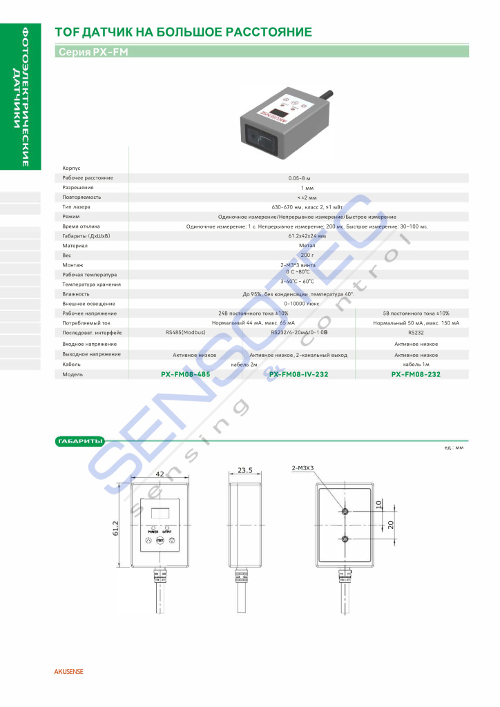 Техническое описание датчика расстояния TOF серии PX-FM на русском языке Техническое описание датчика расстояния TOF серии PX-FM на русском языке